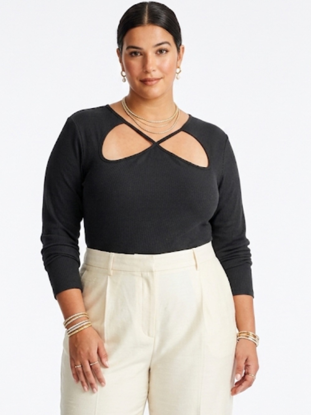 Ribbed Black Bodysuit with cut in front & snap closure Size: 4X